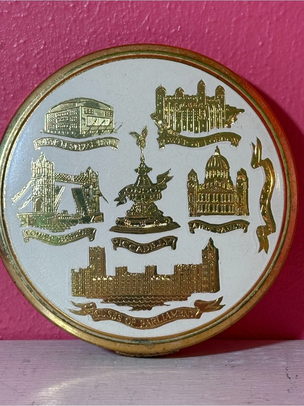 Vintage * Gold Woman's Compact Mirror London Landmarks GUC English Antique RETRO